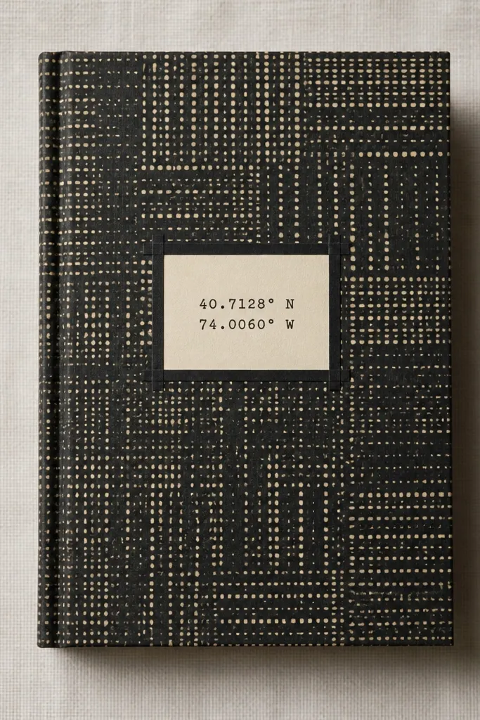 A black-and-cream patterned paper cover with a small cream rectangle centered. The rectangle has stamped coordinates in black ink, and thin black tape forms a simple border. The corners are clean and the cover spine is aligned.