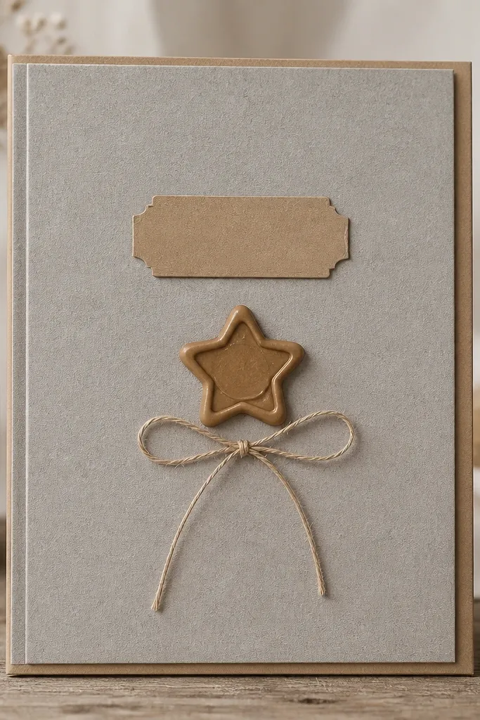A grey kraft paper scrapbook cover with a centered faux wax seal sticker shaped like a star. A thin twine bow sits below the seal, and a small kraft label is placed above it. The cover edges show neat kraft layering.