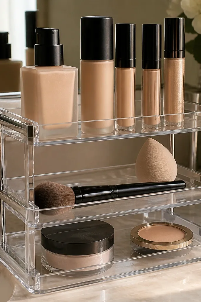 Three stacked clear trays holding foundation, concealer, powder, and brushes