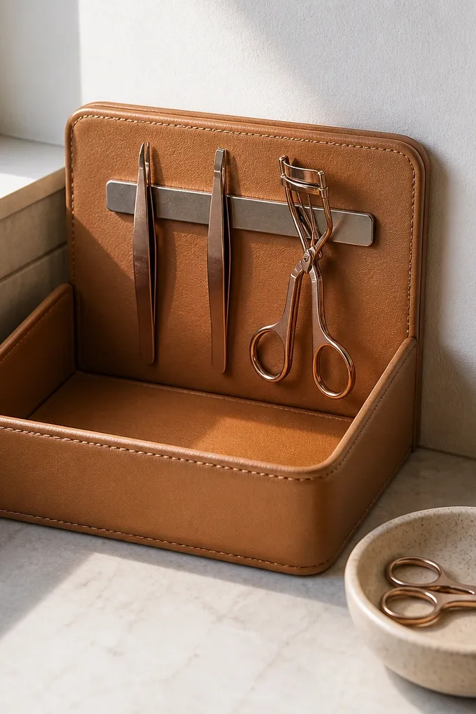 Tan faux-leather tray with a hidden magnetic strip holding tweezers and eyelash curler