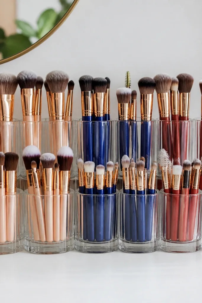 Clear cups holding makeup brushes with matching bands on handles