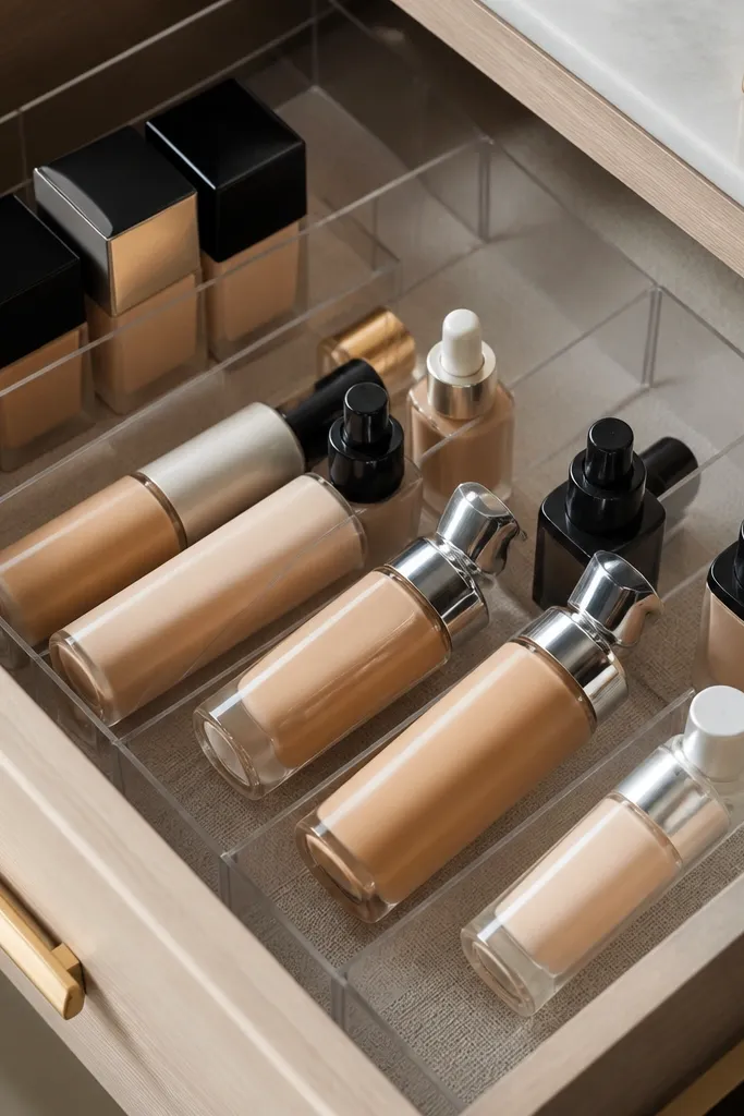 White drawer with modular dividers holding foundation, concealer, powder, and sponge