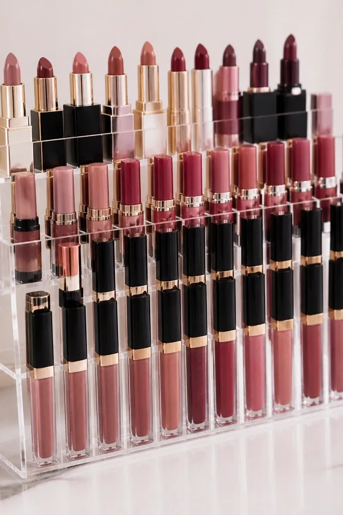 Acrylic slat organizer holding lipsticks in a neat grid