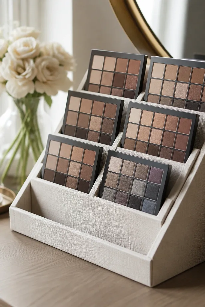 Beige linen-backed stand holding open eyeshadow palettes
