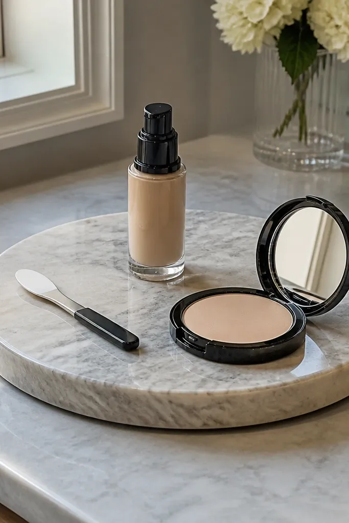 Small rotating tray with marble-look finish holding skincare and makeup