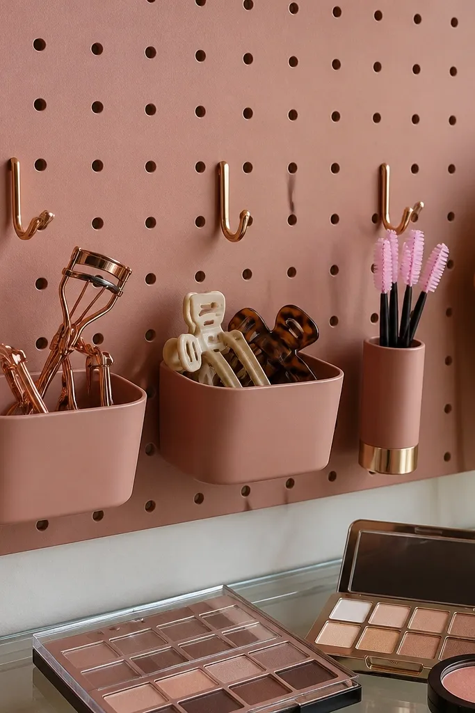 White pegboard with color-painted hooks holding hair tools and small makeup caddies