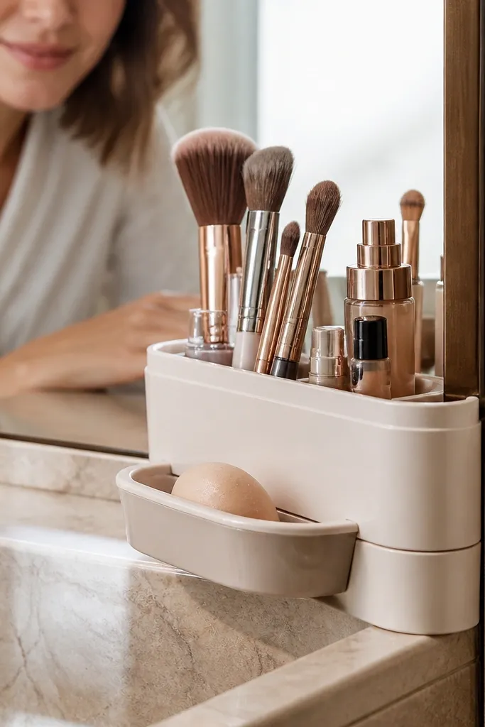 Small tray tucked in the vanity corner with a cup for sponges and brushes