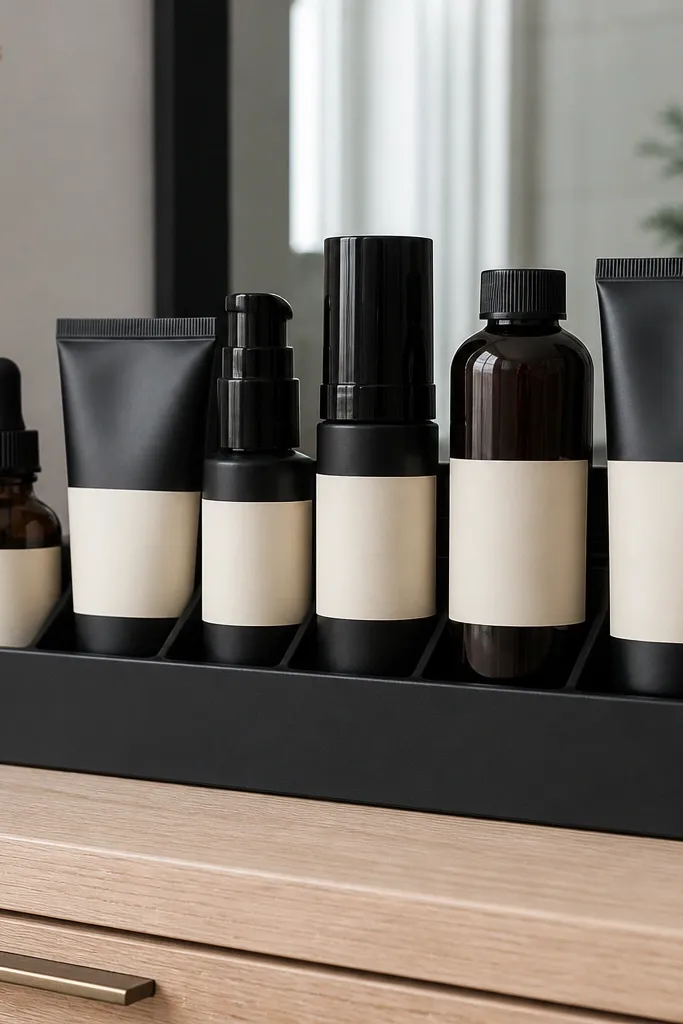 Matte black organizer holding skincare bottles with matching label tape bands
