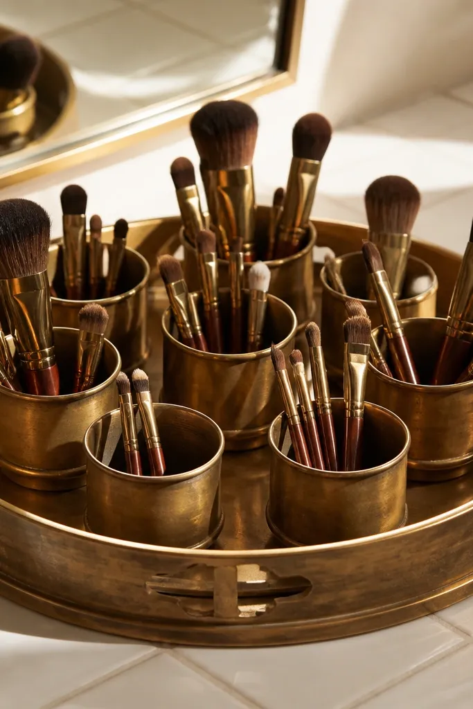 Old-style tray with four mini cups for brushes and a small lip balm cup