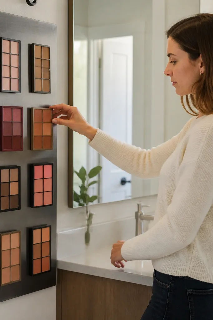 Wall or cabinet door with magnetic palette display holding eyeshadow palettes