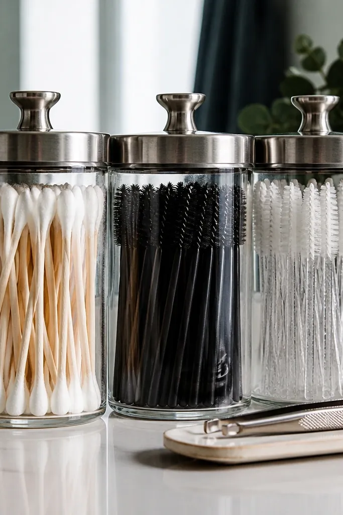 Clear glass jars with cotton tips and mascara wands lined up on a tray