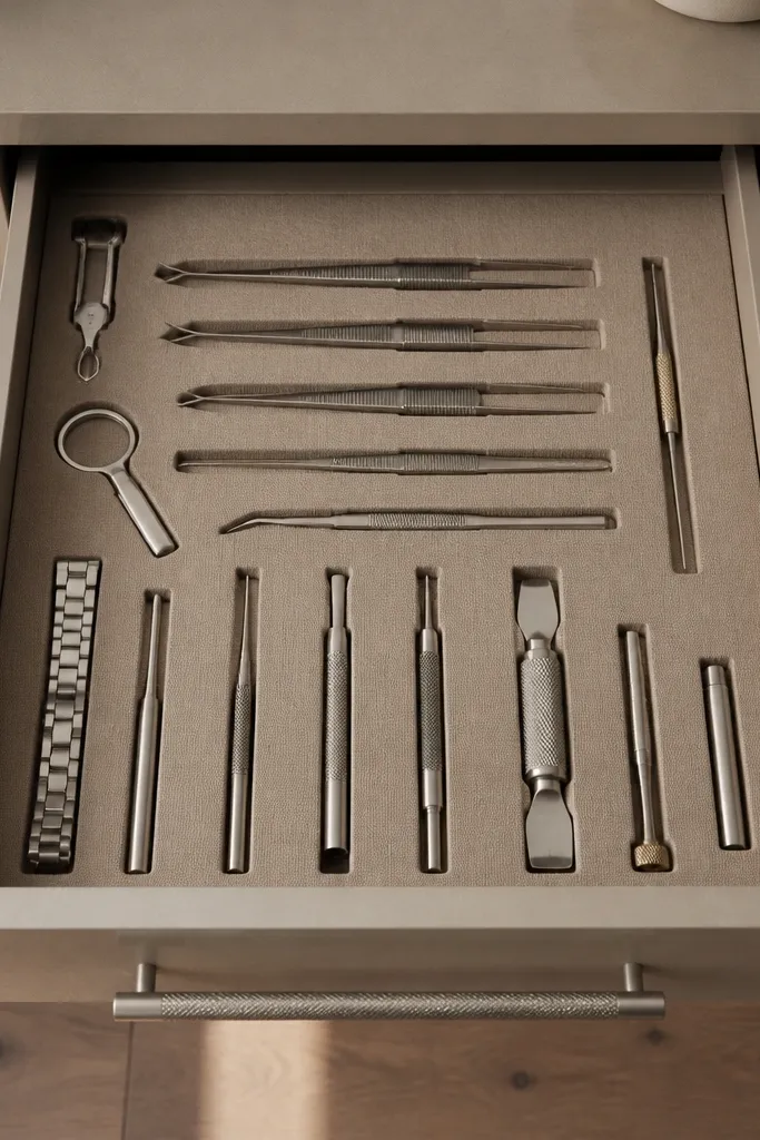 Linen-lined drawer with slots holding tweezers, scissors, and eyelash tools