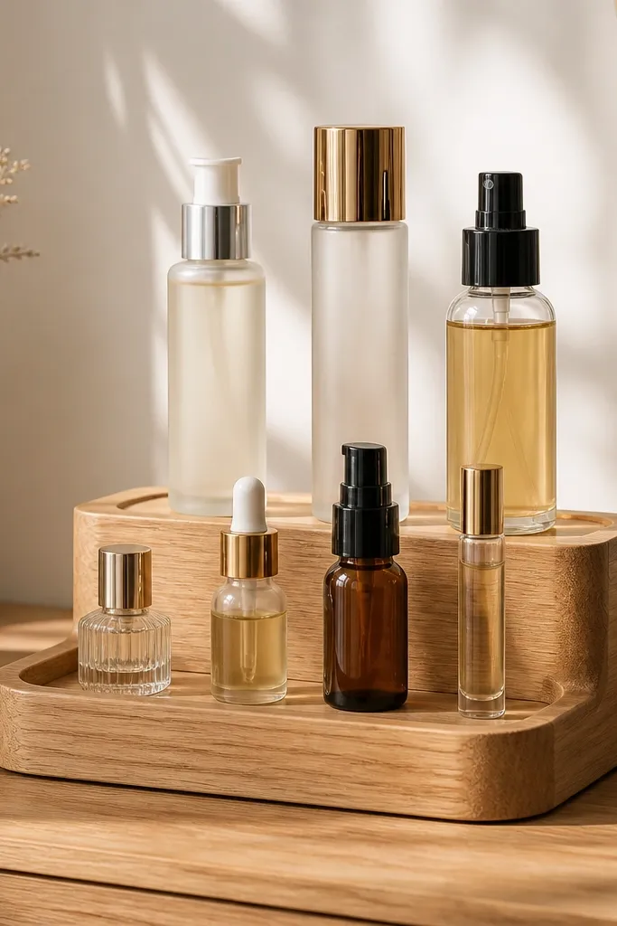 Two-tier wooden stand with skincare bottles arranged by height and color
