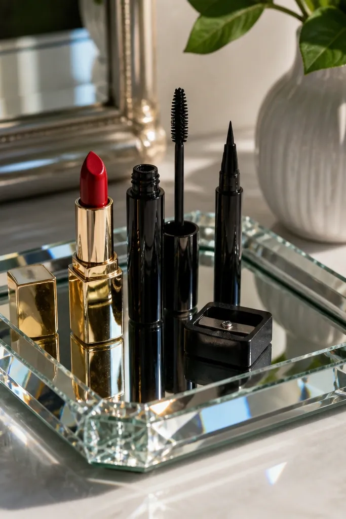 Small beveled mirror tray with lipstick and eyeliner placed in a neat row