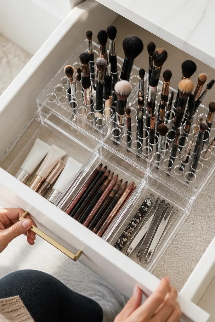 Clear acrylic drawer organizer with vertical slots for brushes and small open compartments