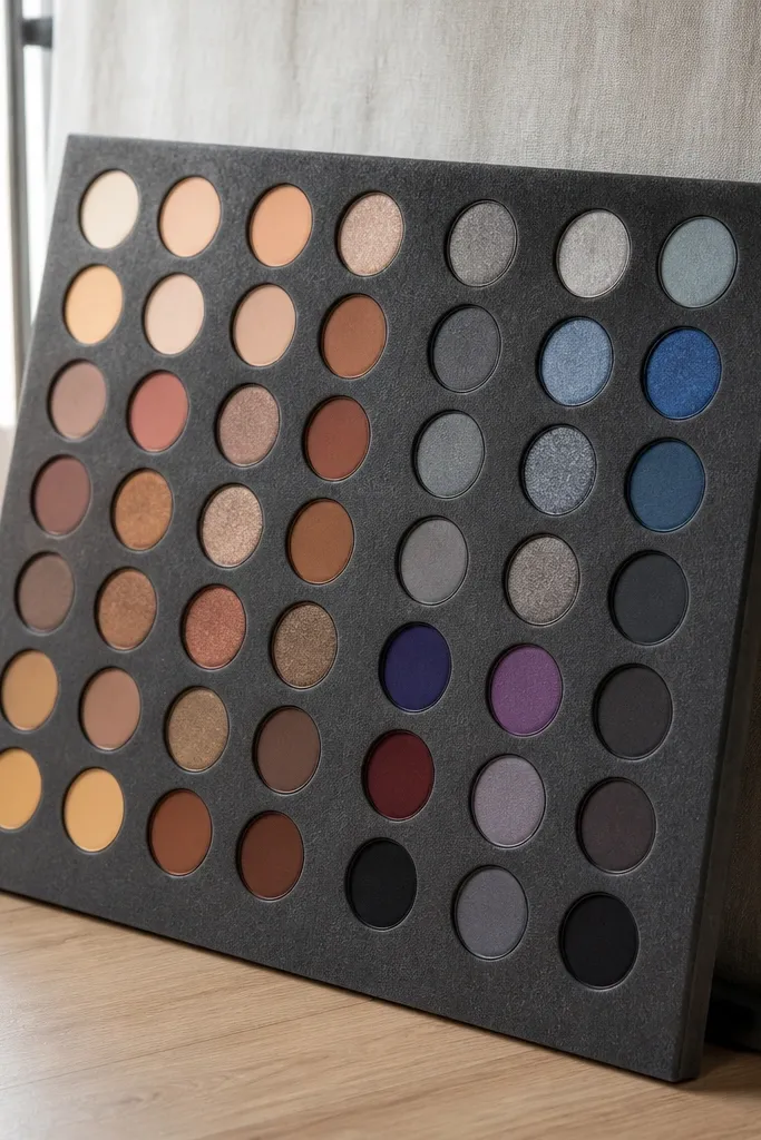 Foam board with cut wells holding eyeshadow pans in color blocks