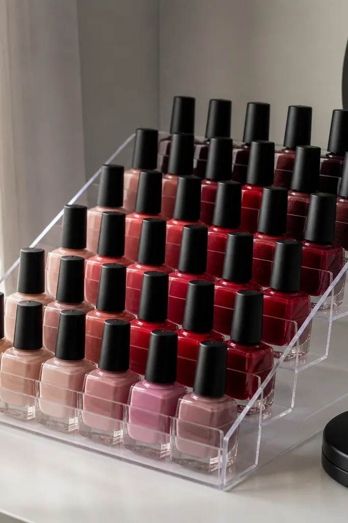Acrylic nail polish organizer with diagonal rows of bottles