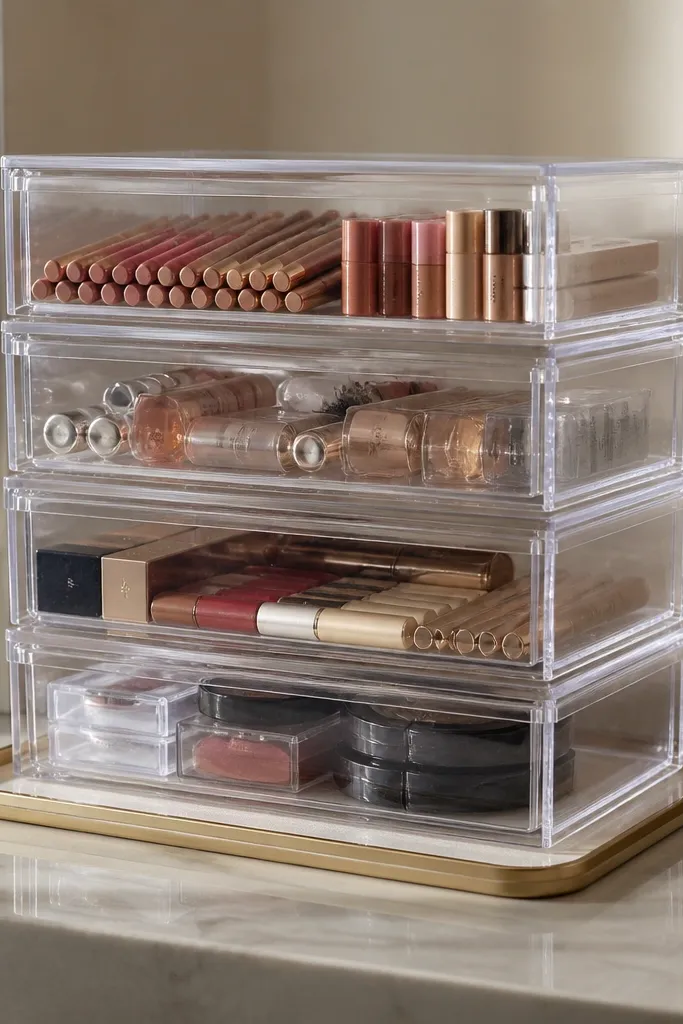 Stacked clear lidded boxes with labeled sections for backup makeup