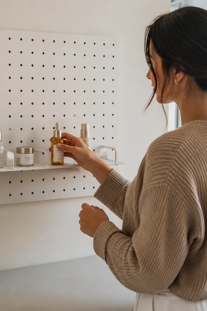 Small pegboard shelf with product stoppers keeping bottles aligned
