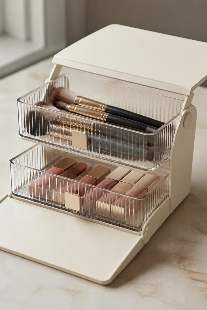 Small fold-out caddy with magnetic lid holding a compact makeup set