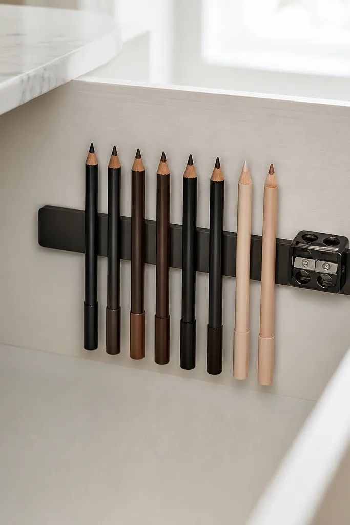 Magnetic strip holding eyeliner and brow pencils in a neat row