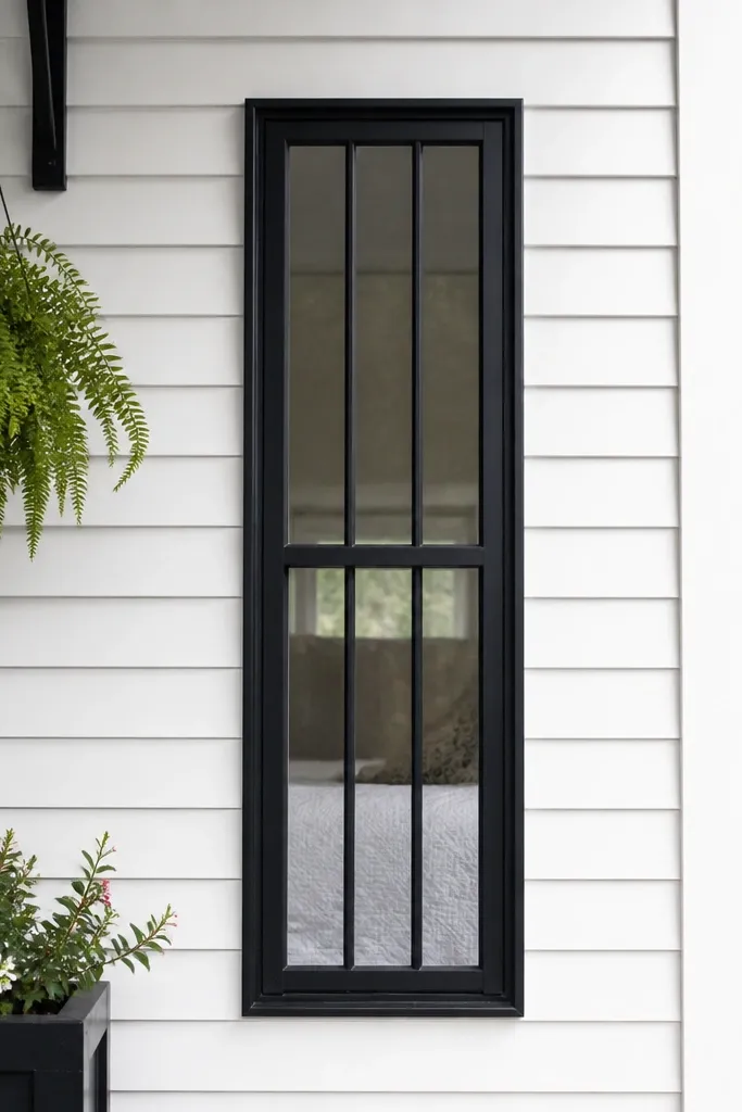 Black window grill with thin vertical bars and a narrow rectangle border