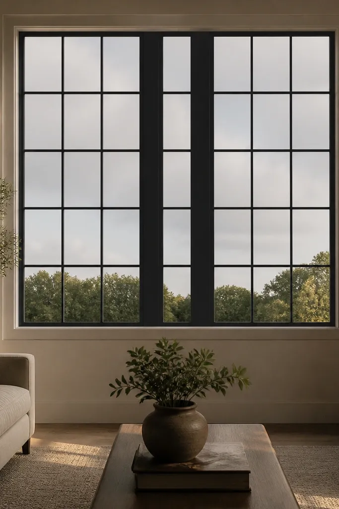 Matte black window grill with a grid and thicker bars down the center