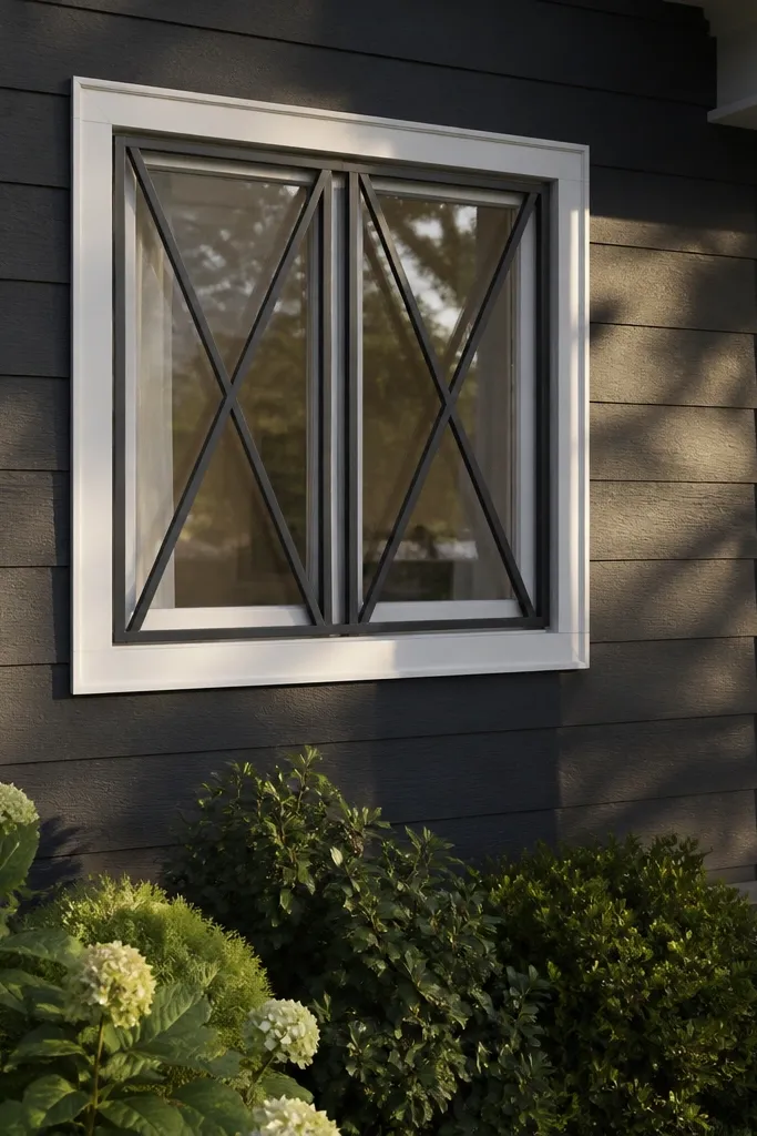 Black window grill with diagonal X pattern inside a rectangular frame