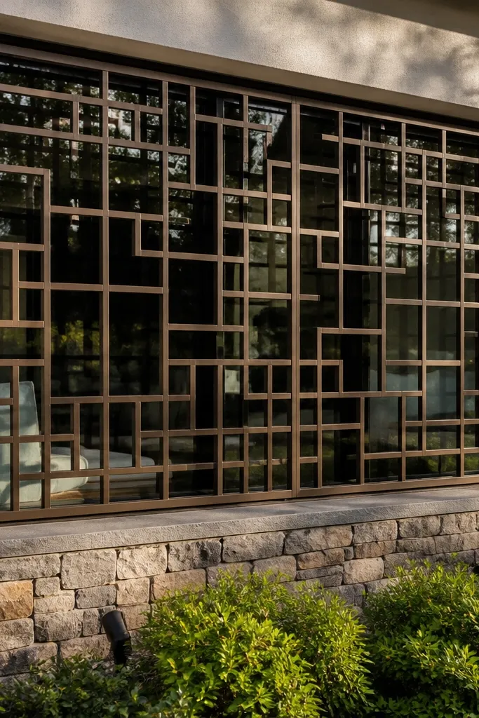Bronze window grill with offset square lattice and open negative space