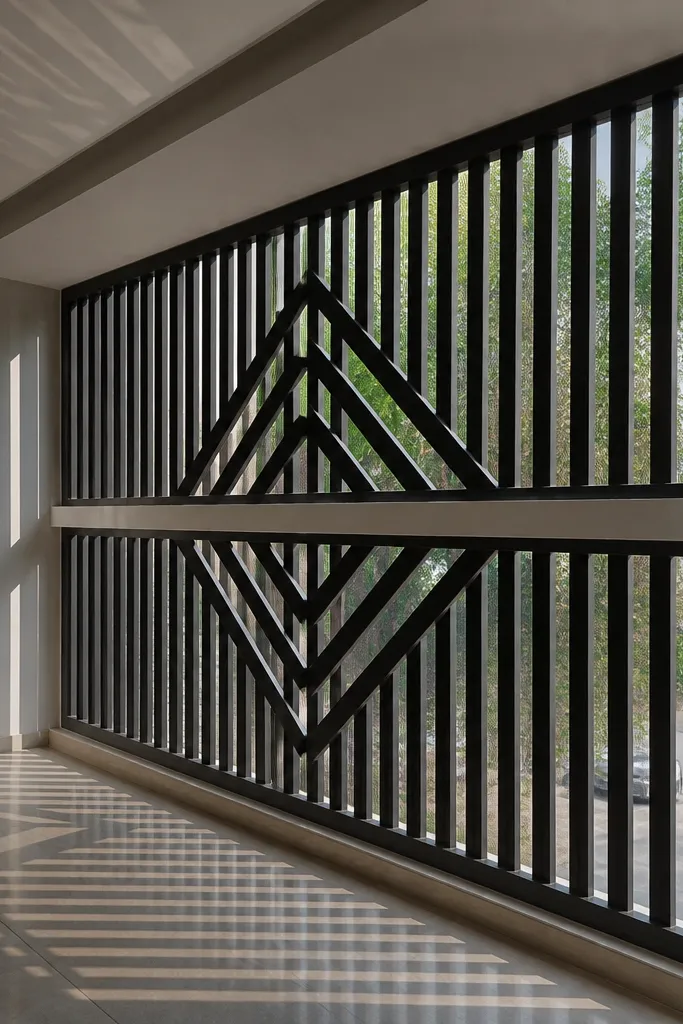 Black window grill with vertical bars and a centered chevron V shape