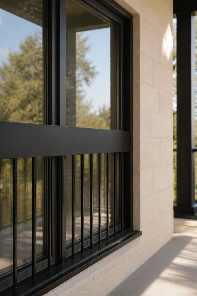 Dark gray window grill with a horizontal band and vertical bars hanging down