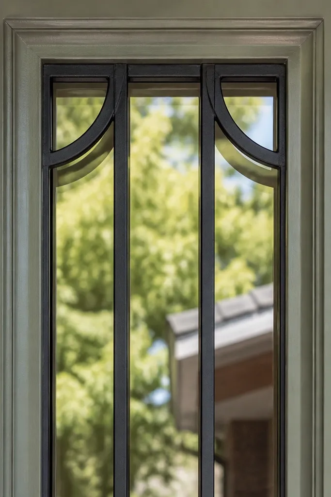 Black window grill with curved half-moon arcs in the corners and straight vertical bars