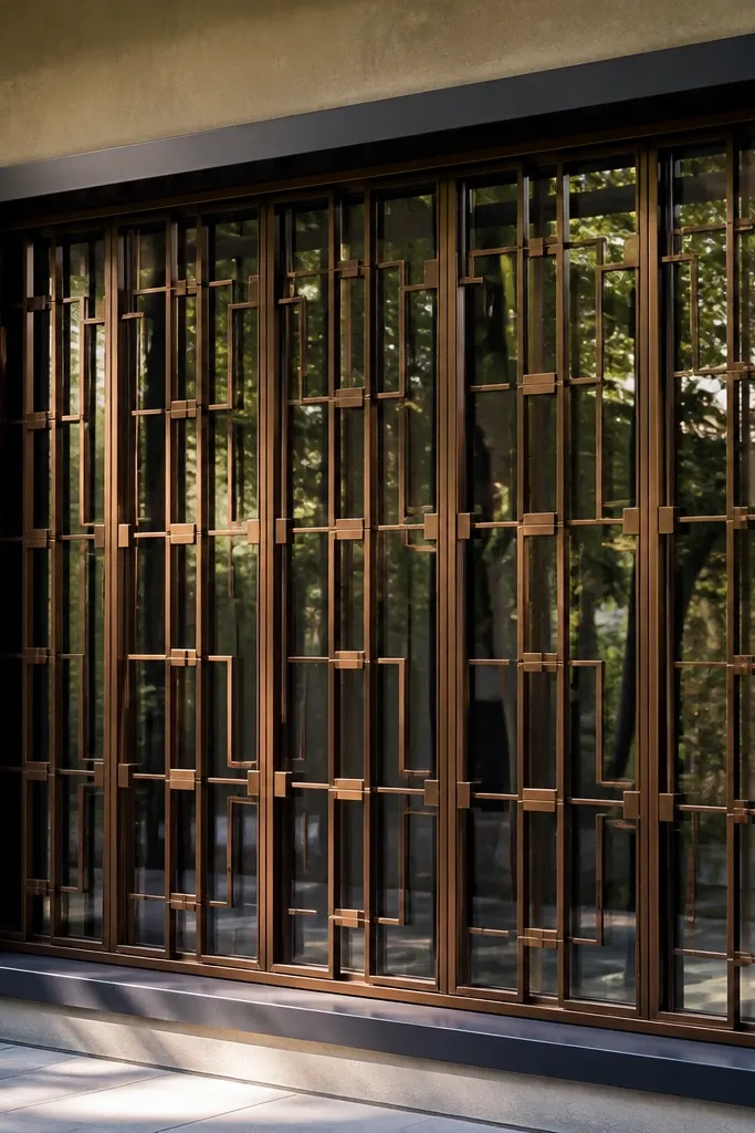 Bronze window grill with rectangular mesh pattern and small cross braces