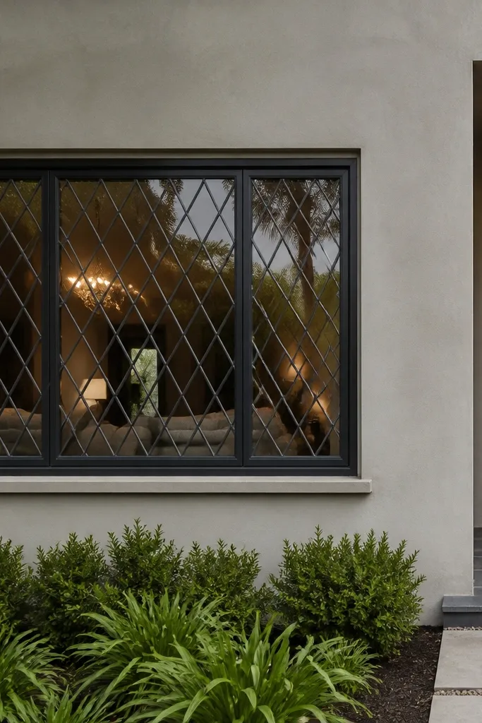Charcoal window grill with diamond pattern and thin border frame