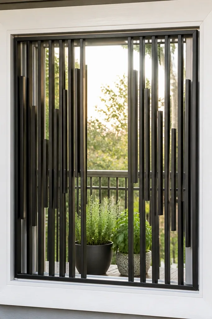 Dark gray window grill with staggered vertical bars and a center cutout rectangle