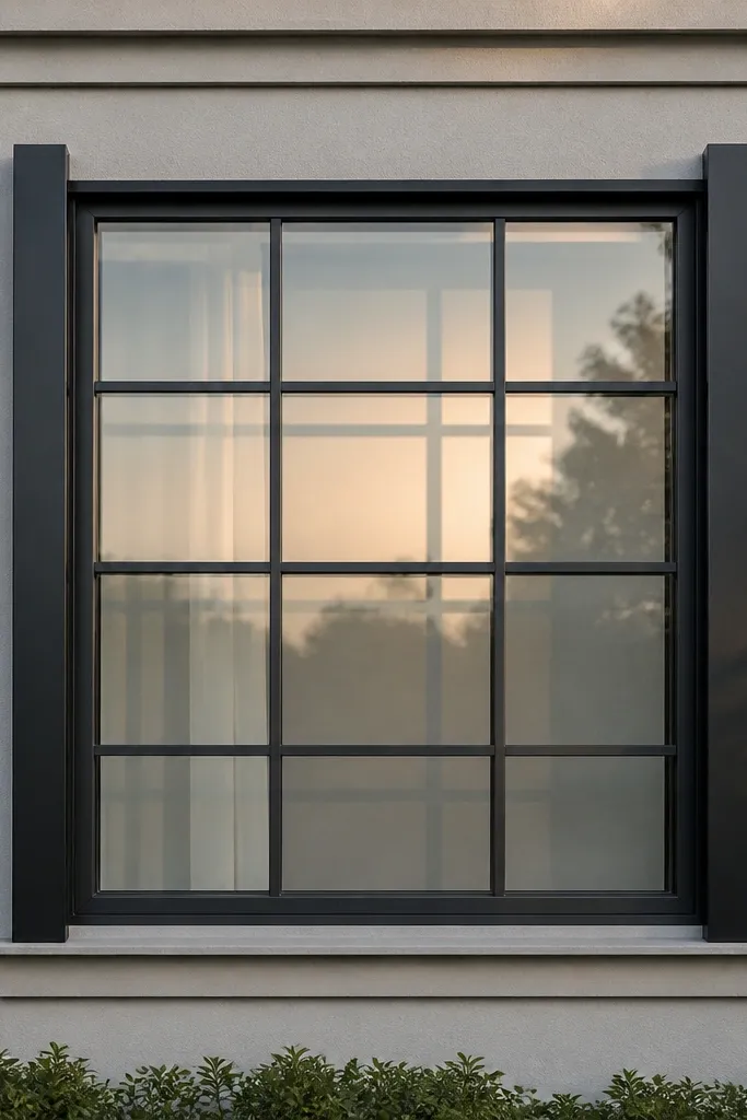 Black window grill with minimal square grid and thick corner posts