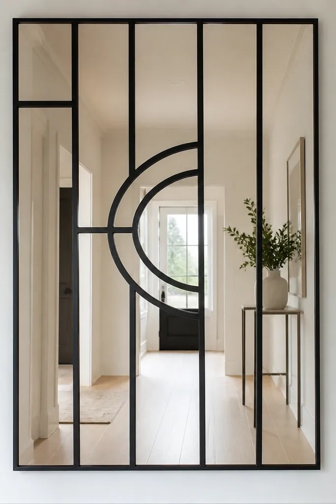 Window grill with vertical bars and a quarter-circle motif centered