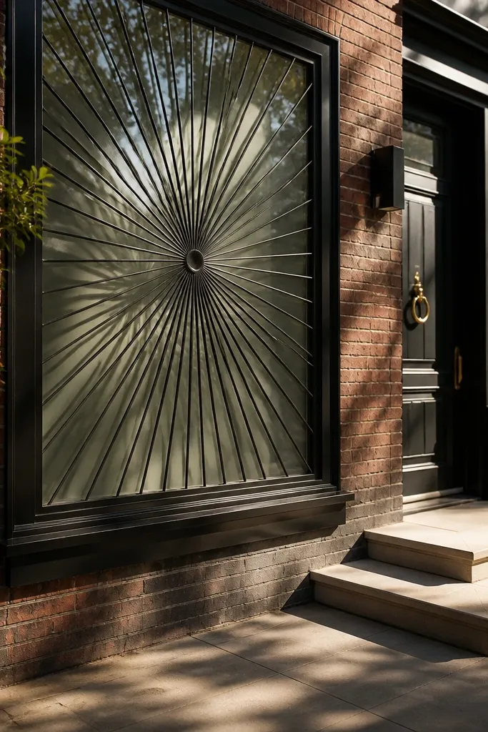 Black window grill with sunburst rays from the center and a rectangular frame