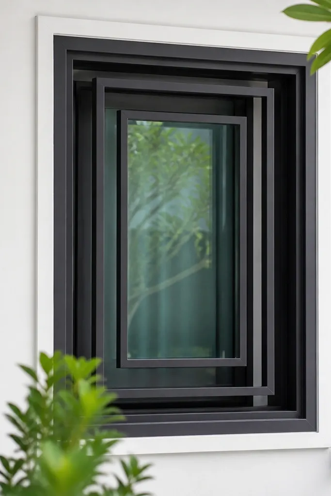 Black window grill with two offset rectangular frames creating a modern border-in-border look