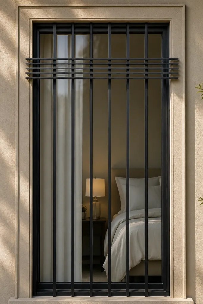 Window grill with vertical bars and a thicker horizontal slat crown near the top