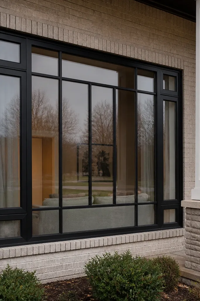 Black window grill with corner box shapes and an H pattern in the center
