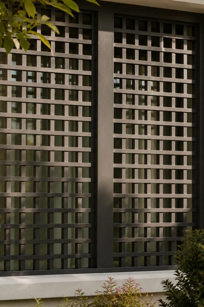 Charcoal window grill with lattice panels split by one bold vertical divider