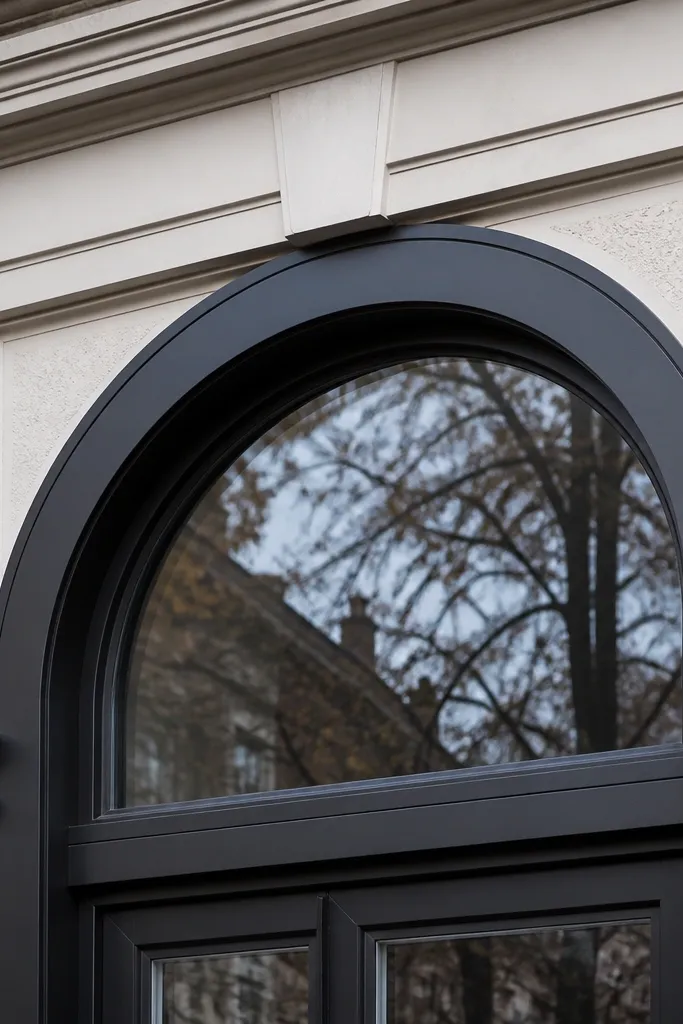 Black window grill with a simple arched top and straight vertical bars
