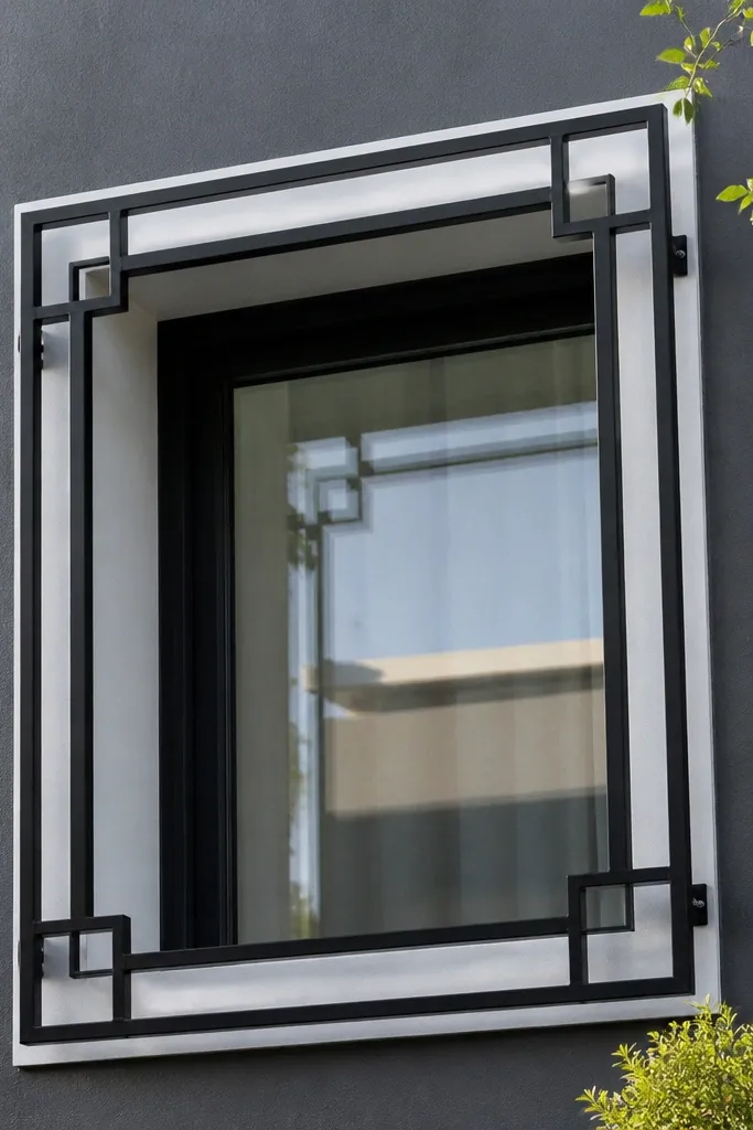 Black window grill with open center and four small square blocks in corners