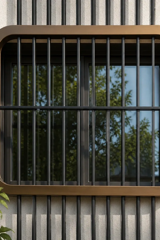 Dark bronze window grill with rounded-corner inner rectangle and vertical bars