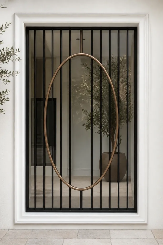 Black window grill with vertical bars and a centered oval outline