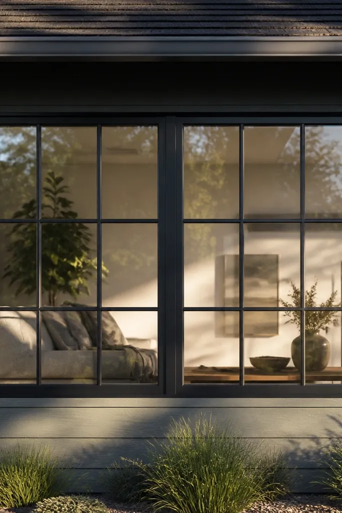 Charcoal window grill with split grids and a centered thick vertical column