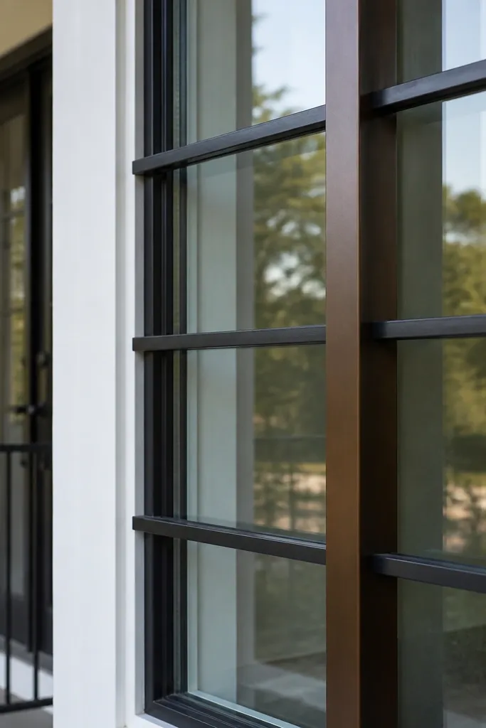 Black window grill with minimal crossbars and one standout vertical accent rail