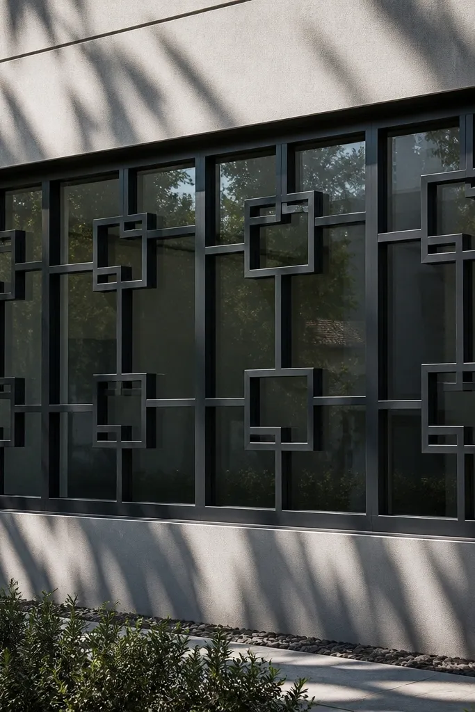 Black window grill with interlocking square frames forming a continuous pattern
