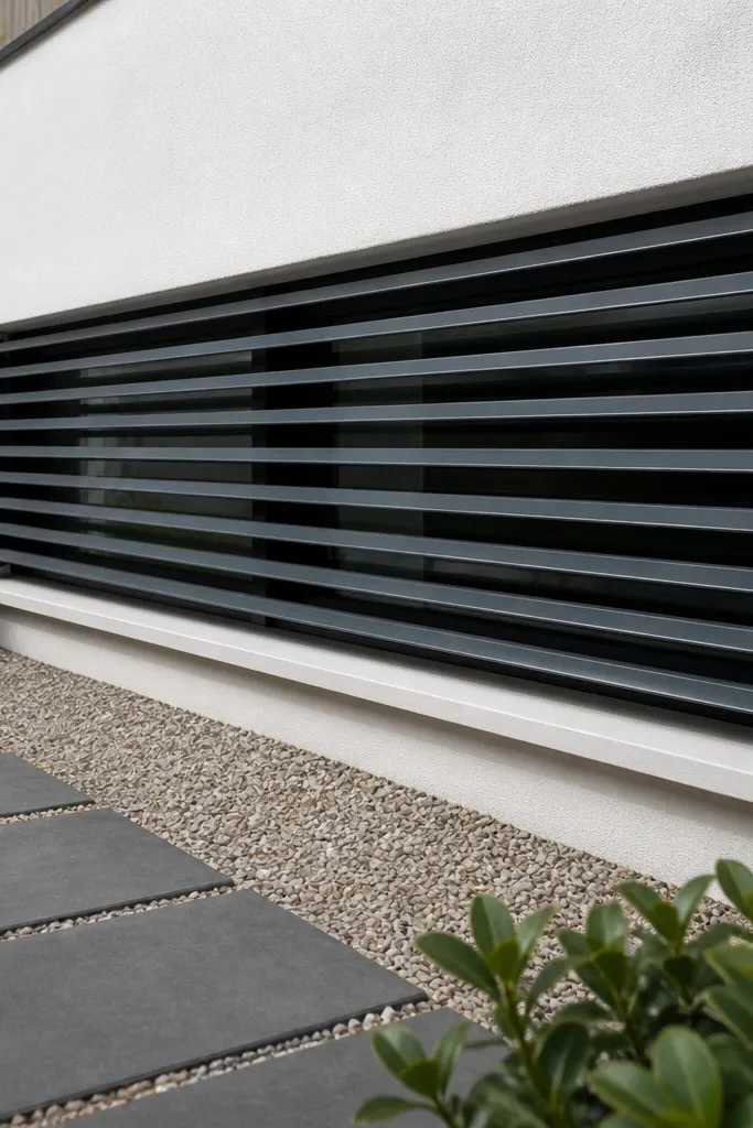 Window grill with stacked horizontal slats and vertical posts at the sides